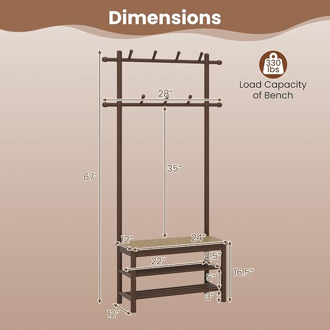 Giantex 3-in-1 Hall Tree with Bench and Shoe Storage, Bamboo Coat Rack Freestanding w/PE Rattan Bench, 11 Hanging Rods, 3 Tier Shoe Rack, Narrow Mudroom Storage Organizer for Entryway Bedroom, Brown