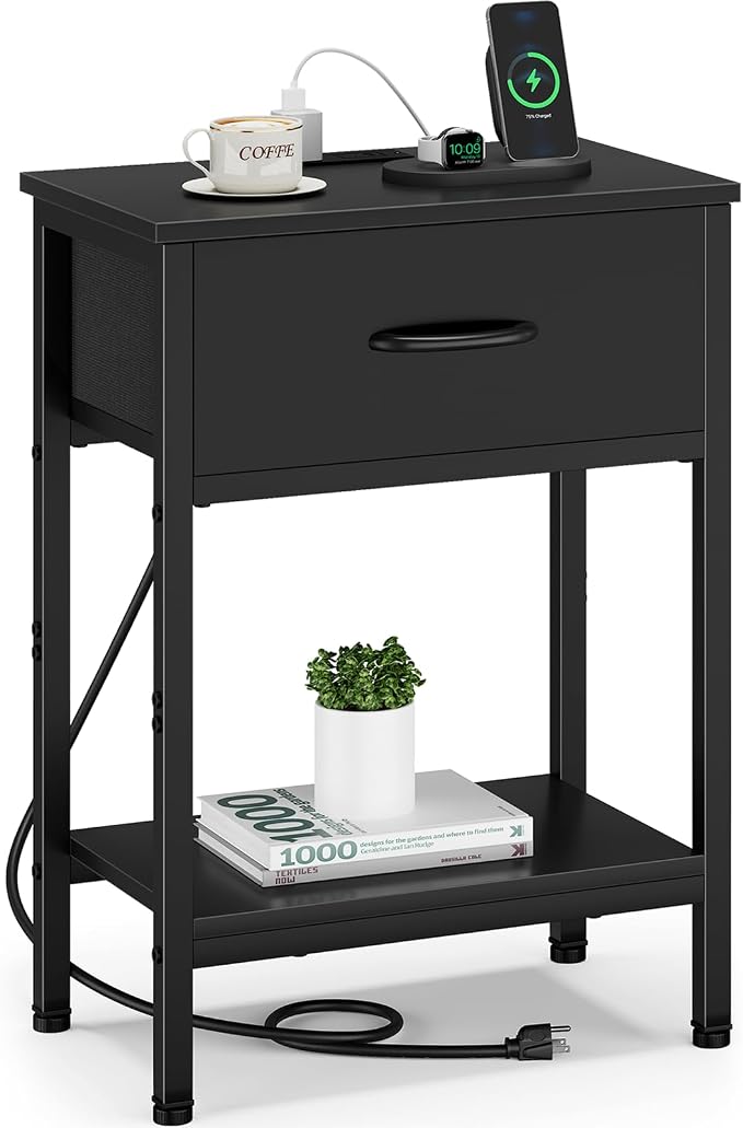 Vagusicc Black Nightstand with Charging Station, End Table with Fabric Drawer, Small Side Table with 2-Tier Storage Shelves, 25.4" Tall Bedside Table, Black Night Stand for Bedroom, Living Room, Dorm
