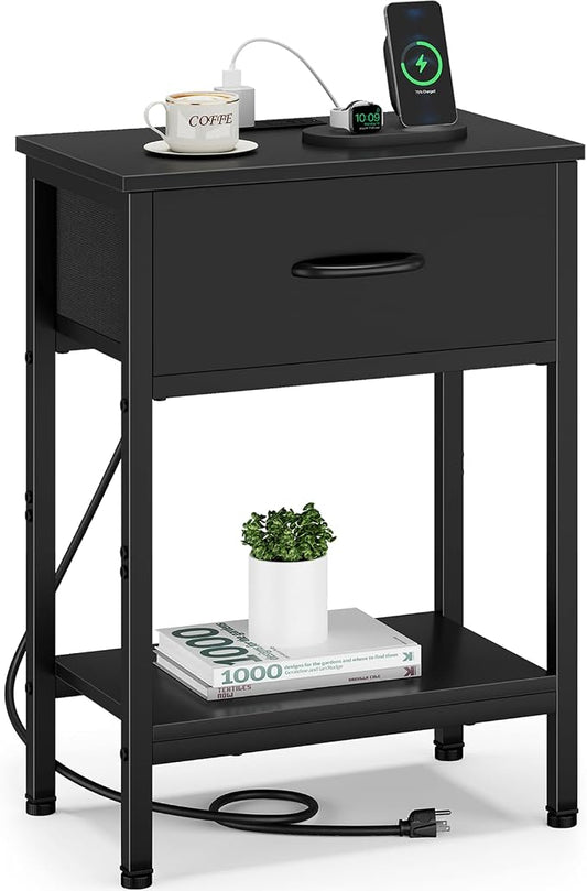 Vagusicc Black Nightstand with Charging Station, End Table with Fabric Drawer, Small Side Table with 2-Tier Storage Shelves, 25.4" Tall Bedside Table, Black Night Stand for Bedroom, Living Room, Dorm