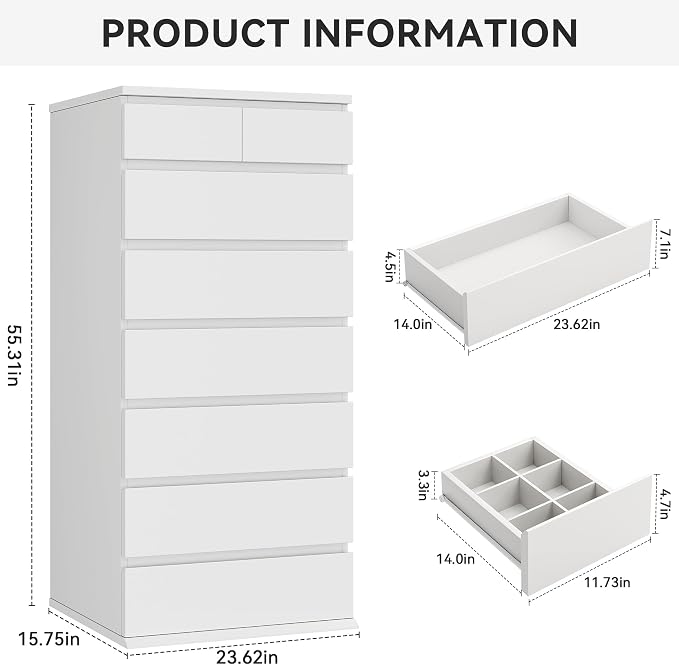 Jocoevol White Tall 8 Drawer Dresser for Bedroom,Dressers & Chests of Drawers with Jewelry Storage,Wood Storage Dresser with Deep Drawers for Living Room Hallway Entryway(55.3" L*23.6" W*15.7")