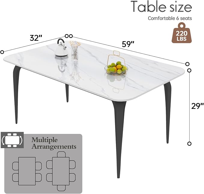 59" White Glossy Rectangular Sintered Stone Dining Table With Metal Legs | Heat, scratch and stain resistant tabletop, Silent Floor Pads, for small spaces like kitchens