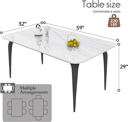 59" White Glossy Rectangular Sintered Stone Dining Table With Metal Legs | Heat, scratch and stain resistant tabletop, Silent Floor Pads, for small spaces like kitchens