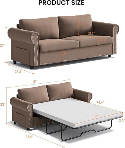 Queen Pull Out Sofa Bed | 83" Large Sleeper Sofa with Queen Size Mattress | 2-in-1 Convertible Loveseat Sofa-Bed with USB Ports Side Pockets Brown