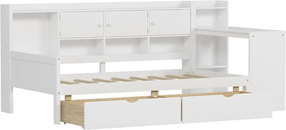 Bellemave Twin Size Corner Bed Frame, Twin Size Corner Beds with Storage Cabinets and Desk, Wood Daybed with Bookcase and Drawers, White