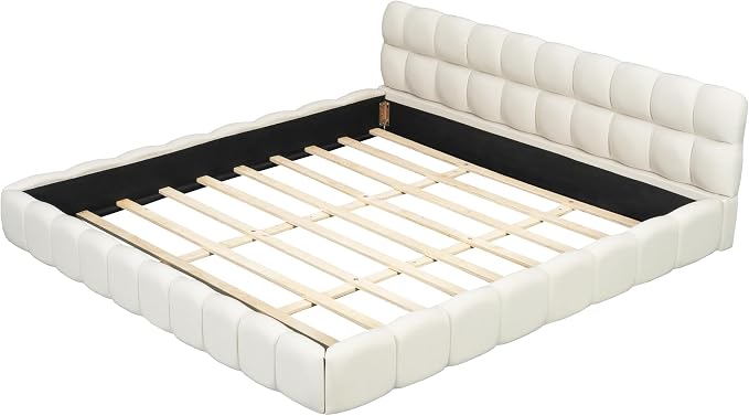 King Size Upholstered Platform Bed with Thick Fabric,Low Wood Grounded Bed W/Headboard & Footboard,Slat Support,No Box Spring Needed, Easy Assemble,Beige