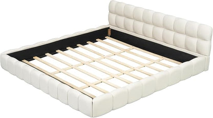 King Size Upholstered Platform Bed with Thick Fabric,Low Wood Grounded Bed W/Headboard & Footboard,Slat Support,No Box Spring Needed, Easy Assemble,Beige