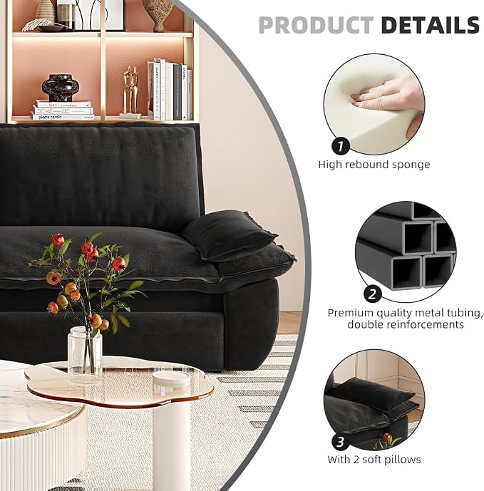 73.2" Sleeper Sofa Bed Queen, 3-in-1 Convertible Couch, Modern Pull Out Couches, Comfy Velvet Futon Sofa, Cloud Loveseat Lounge, Pillow Arm, for Small Spaces, Apartment, Living Room, Black