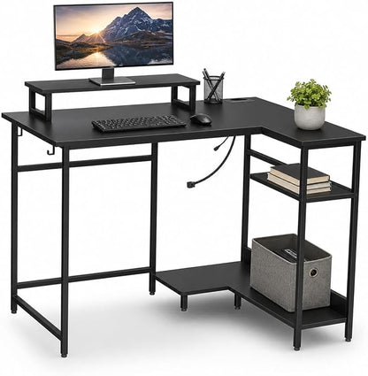 DEVAISE Compact 43" L Shaped Gaming Desk with LED Lights and Power Outlets - Corner Computer Table with Monitor Stand and Storage Shelves for Work and Gaming, Black