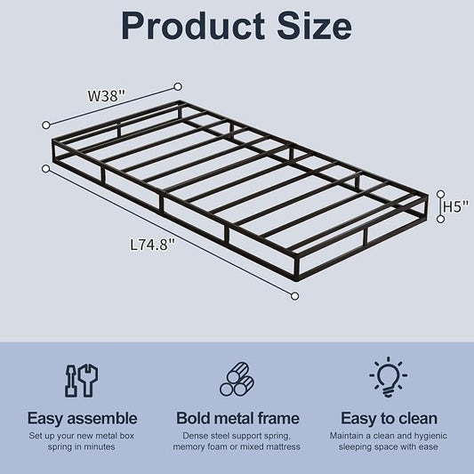 Box Spring, Metal Frame Mattress Foundation with Fabric Cover, Easy Assembly, Noise-Free (5 Inch, Twin)