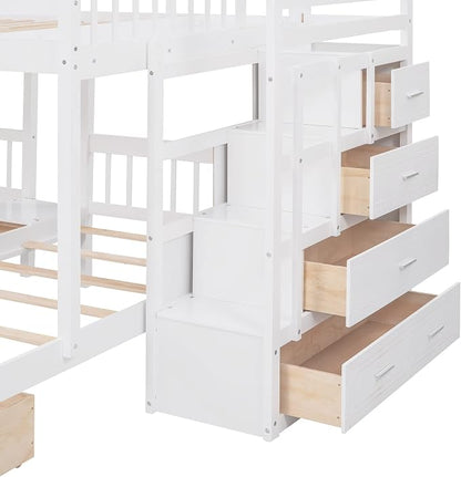 VilroCaz Upgraded Version Full Over Twin & Twin Bunk Bed, Solid Wood Triple Bunk Bed with Storage Drawers and Staircase, Strong Sturdy Bunk Bed Frame with Guardrails for Kids Teens Aldults