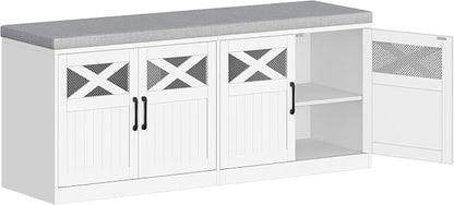 Hzuaneri 2 Tier Shoe Storage Bench with Doors, 47.2" Farmhouse Shoe Bench with Padded Cushion, 12 Pairs of Bed End Bench, Entryway Bench with Storage for Bedroom, Living Room, White SB61203X