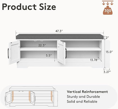 GRUSIGN 47.3" Shoe Storage Bench with Cushion, Entryway Shoe Cabinet, White | 3-in-1 Shoe Storage Bench, 47.3", Adjustable Shelves, Removable Cushion, 300 lbs Capacity, Entryway, Apartment, Families