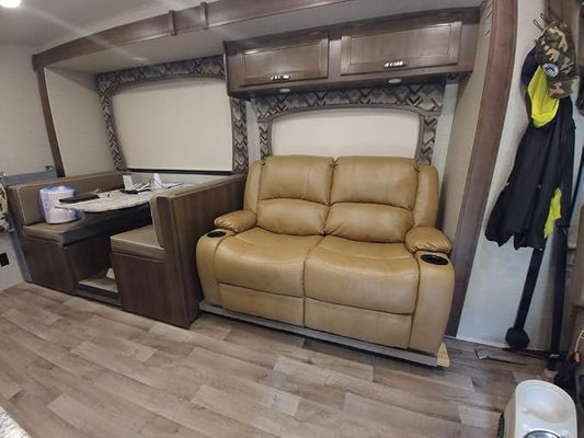 RecPro Charles 58" Powered Double RV Wall Hugger Recliner Sofa RV Loveseat with Upgraded 2023 Fabric (Toffee)