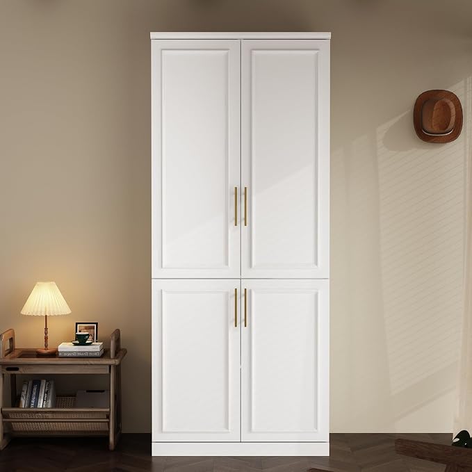 WOODTIME Wardrobe Closet with Hanging Rod, Modern Wooden Armoire with 4 Framed Doors & 3 Large Shelves, Clothes Storage Cabinet Organizer for Bedroom Apartment, White