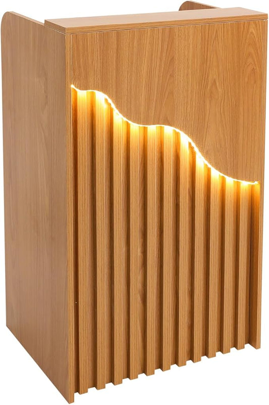 CNCEST L-Shaped Small Space Reception Desk with Locking Storage & LED Light, Modern Oak Front Desk Checkout Counter for Hotel, Shop, Beauty Salon, Office