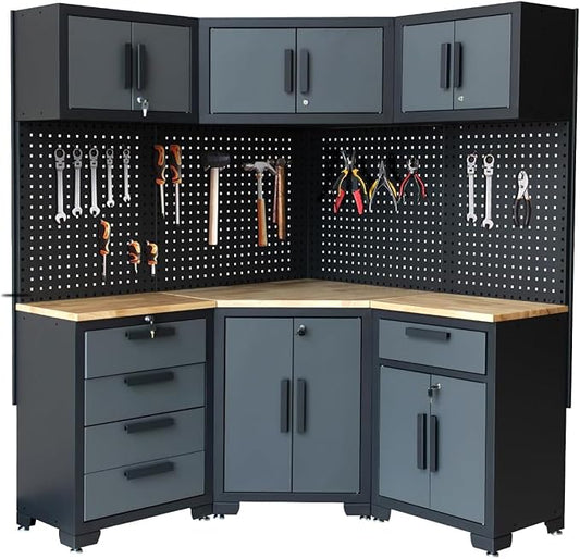 Garage Storage Cabinet System 8-Pcs Garage Cabinets and Storage System Corner Workshop Set with Corner Cabinet, Cabinet Drawers, Workbench, Pegboard for Tool Organization, Black and Grey