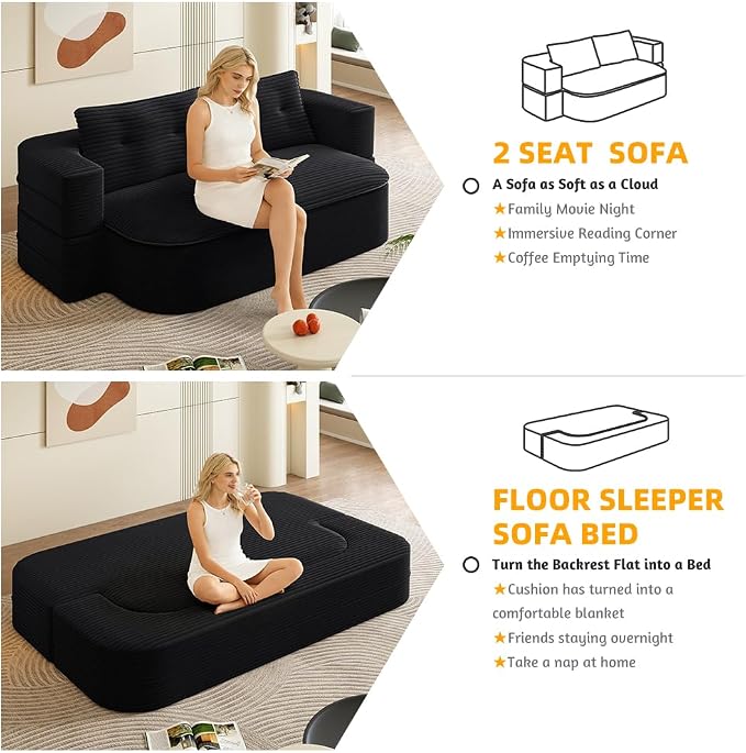 78.7" Futon Sofa Bed, 2-in-1 Foldable Sleeper Sofa, Convertible Sofa Bed with Pillows, Corduroy Couch with Multi Functional Blanket Upholstered Boneless Couches for Living Room, Jet Black