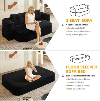 78.7" Futon Sofa Bed, 2-in-1 Foldable Sleeper Sofa, Convertible Sofa Bed with Pillows, Corduroy Couch with Multi Functional Blanket Upholstered Boneless Couches for Living Room, Jet Black