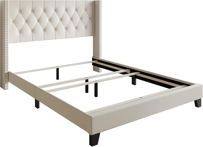 HOME DESIGN Homer Queen Tufted Wingback Upholstered Panel Bed with 2 Matching 1 Drawer Nightstands, Bedroom Furniture Set with Open Shelf Storage, Light Beige Brown