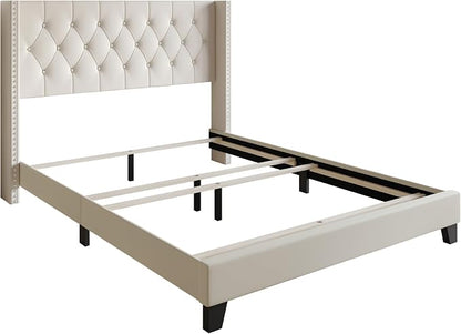 HOME DESIGN Homer King Tufted Wingback Upholstered Panel Bed with 2 Matching 1 Drawer Nightstands, Bedroom Furniture Set with Open Shelf Storage, Light Beige Brown