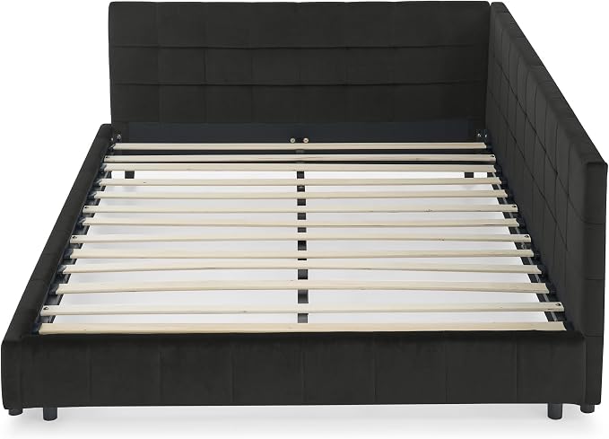 Bellemave Queen Size Corner Bed Frame with Comfortable Backrest and Armrests, Velvet Tufted Corner Bed Frame Queen Size, Upholstered Daybed for Bedroom, Living Room, Guest Room, Black