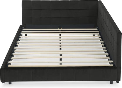 Bellemave Queen Size Corner Bed Frame with Comfortable Backrest and Armrests, Velvet Tufted Corner Bed Frame Queen Size, Upholstered Daybed for Bedroom, Living Room, Guest Room, Black
