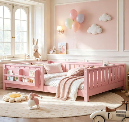 Bellemave Full Size Floor Bed with high Rails and with Built-in Bookshelf for Kids, Girls, Boys, Wood Montessori Floor Bed Without Door, Pink