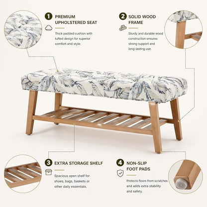Kmax Entryway Bench with Shoe Storage, Upholstered Wood Storage Bench for Living Room Window Bench with Storage for Bedroom End of Bed - Linen, Floral Pattern