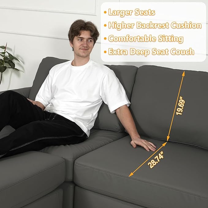 EASE MOOSE Oversized Corner Modular Sectional Sofa with Ottoman and Console, Faux Leather Sectional Sofa with Deep Seat, Scratch Resistant Faux Leather Material, Extra Large L Shaped Couch, Grey