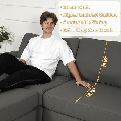 EASE MOOSE Oversized Corner Modular Sectional Sofa with Ottoman and Console, Faux Leather Sectional Sofa with Deep Seat, Scratch Resistant Faux Leather Material, Extra Large L Shaped Couch, Grey