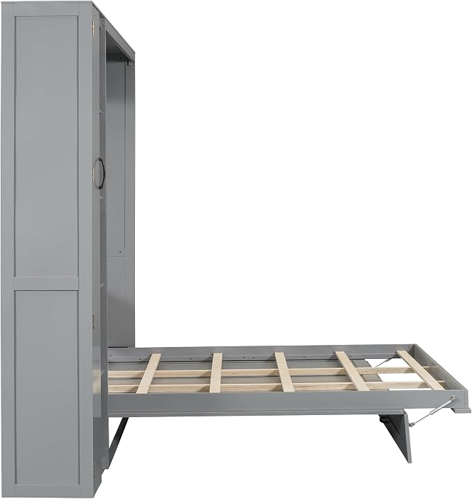 Merax Queen Size Murphy Bed Wall Bed with Shelves, Drawers and LED Lights,Gray