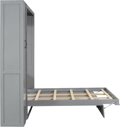 Merax Queen Size Murphy Bed Wall Bed with Shelves, Drawers and LED Lights,Gray