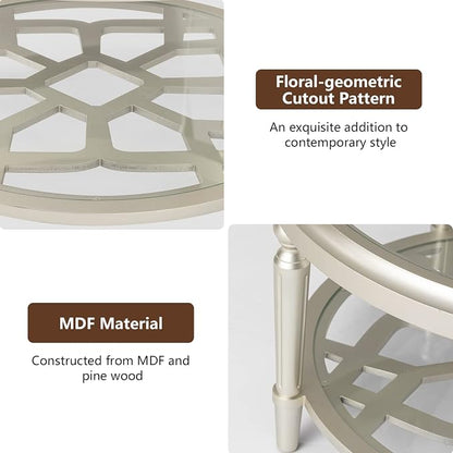 COSIEST 32" Round Glass Coffee Table with Storage, 2-Tier Modern Champagne Center Table for Living Room, Elegant Clear Glass Top Accent Table with Pine Wood Frame, Simple Home Office Furniture