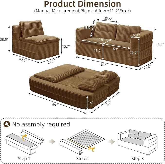 80'' Futon Sofa Bed, King Size Foldable Sleeper Sofa, Corduroy Boneless Loveseat Couch with Chaise Lounge, 3 Pillows, Blanket, Upholstered Sectional Couches for Living Room, Bedroom, Camel