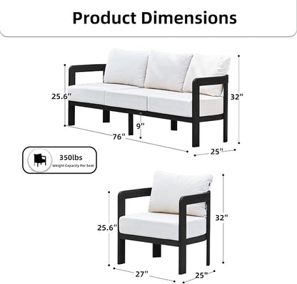 Outdoor Furniture Set, Metal Patio Conversation Set with 6" Thick Cushions, Outdoor Couch Sofa and Patio Chairs Set for Backyard Porch Balcony, White