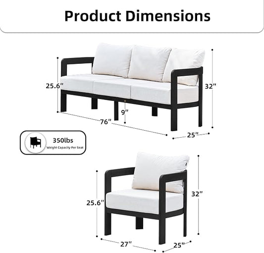 Outdoor Furniture Set, Metal Patio Conversation Set with 6" Thick Cushions, Outdoor Couch Sofa and Patio Chairs Set for Backyard Porch Balcony, White