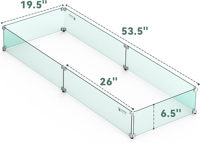 Skyflame Fire Pit Wind Guard, 53.5" x 19.5" x 6" Clear Tempered Glass Flame Guard Set with Hard Aluminum Corner Brackets and Rubber Feet, Fits for 48-inch Rectangular Fire Pit Burner Pan