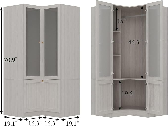 MOUMON Corner Wardrobe, L-Shaped Modern Bedroom Armoires with Frosted Glass Doors and Hanging Rod, Corner Armoire Wardrobe Closet, Wood Grain 35.4" W x 35.4" D x 70.9" H