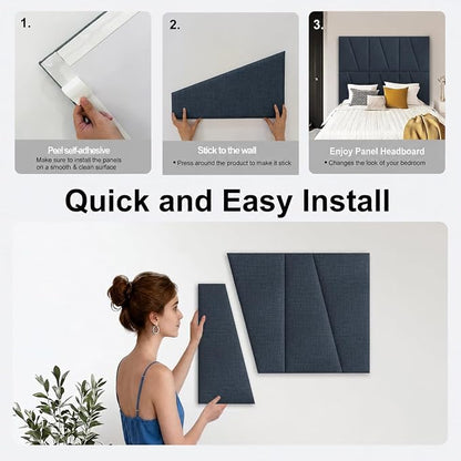 Peel and Stick Headboard Panels for Bed，Soft Padded Fabric Noise-Reducing Panels with Modern Stylish Design for Bedroom Decor (Dark Blue, Queen)
