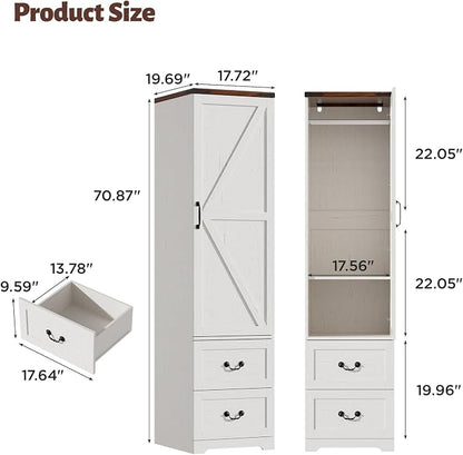 Armoire Wardrobe Closet with Reversible Hinge Doors and Adjustable Shelves, 71” Tall Farmhouse Narrow Wardrobe Closet with 2 Drawers and Hanging Rod, Rustic Wooden Armoire Closet for Bedroom, White