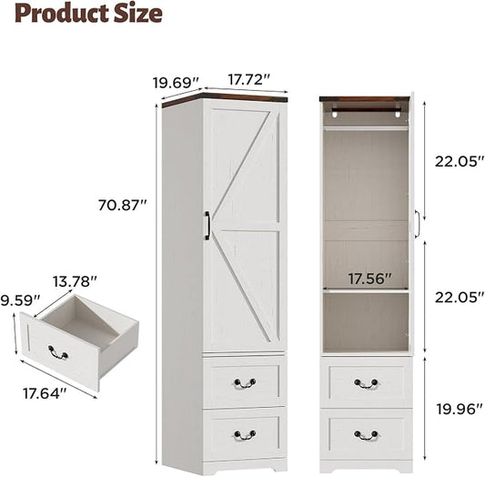 Armoire Wardrobe Closet with Reversible Hinge Doors and Adjustable Shelves, 71” Tall Farmhouse Narrow Wardrobe Closet with 2 Drawers and Hanging Rod, Rustic Wooden Armoire Closet for Bedroom, White