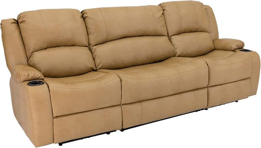 RecPro Charles 94" Powered Triple RV Wall Hugger Recliner Sofa with Drop Down Console, RV Furniture with Upgraded 2023 Suprima Leather Fabric Blend, Toffee
