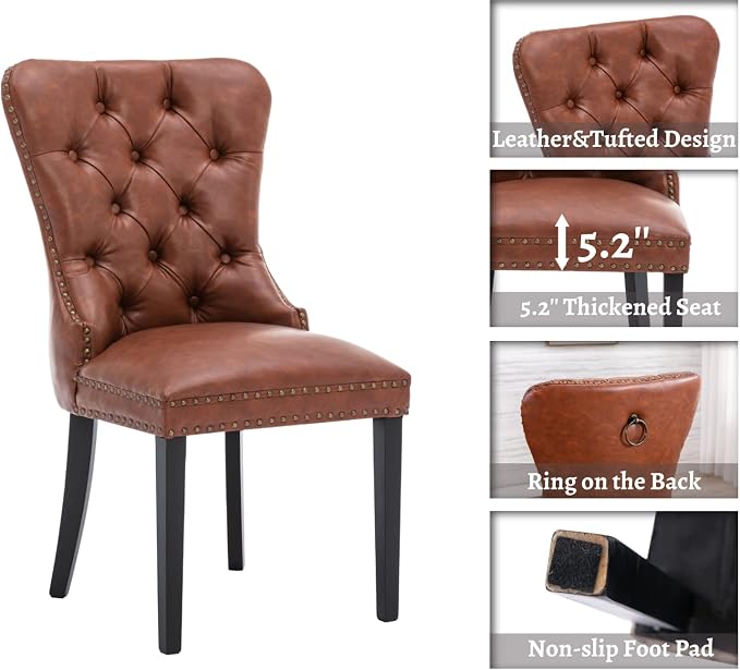 EALSON Modern Dining Chairs Set of 2 Mid Century Leather Dining Room Chairs with Wood Legs Tufted Upholstered Kitchen Side Chairs with Nail Head Trim for Dining Room/Living Room, Brown with Ring