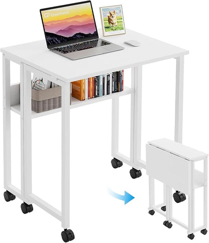 GreenForest Folding Desk with Wheels, 31.5 Inch Compact Rolling Computer Table with Storage Shelf, Portable Mobile Workstation for Small Spaces, Easy Assembly, Pure White