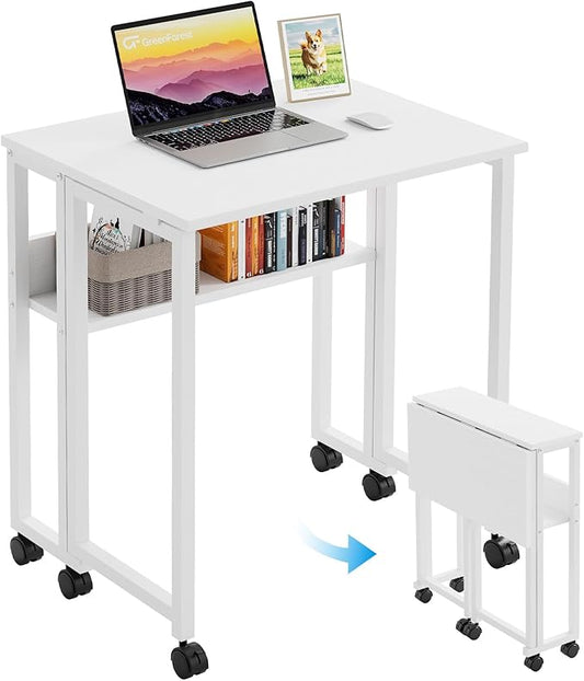 GreenForest Folding Desk with Wheels, 31.5 Inch Compact Rolling Computer Table with Storage Shelf, Portable Mobile Workstation for Small Spaces, Easy Assembly, Pure White