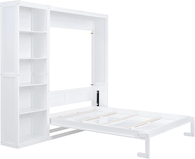 Merax Space-Saving White Murphy Bed Queen Size with Adjustable Storage Shelves, Multifunctional Foldable Wall Bed for Small Spaces Studio Study Office Guest Room