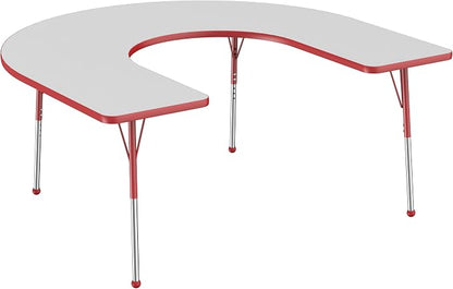 FDP Horseshoe Activity School and Office Table (60 x 66 inch), Standard Legs with Ball Glides for Collaborative Seating Environments, Adjustable Height 19-30 inches - Gray Top and Red Edge
