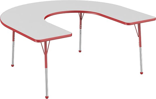 FDP Horseshoe Activity School and Office Table (60 x 66 inch), Standard Legs with Ball Glides for Collaborative Seating Environments, Adjustable Height 19-30 inches - Gray Top and Red Edge