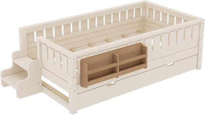 Bellemave Twin Size Kids Bed with high Rails and with Built-in Bookshelf and Trundle for Kids, Girls, Boys, Wood Montessori Bed Without Door, Beige