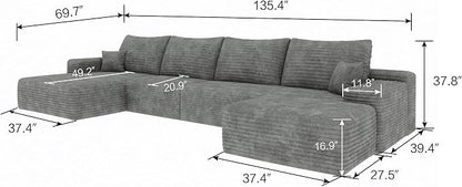 135" U Shaped Sectional Couch with Ottoman, Large Sectional Couches for Living Room, Plush Corduroy Convertible Sleeper Sofa, Compressed Foam Sofa in a Box No Assembly, Left Facing Chaise, Grey